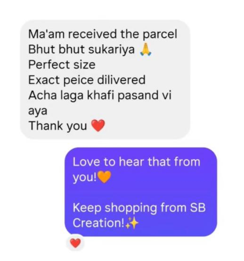 WhatsApp message: perfect size, exact piece delivered