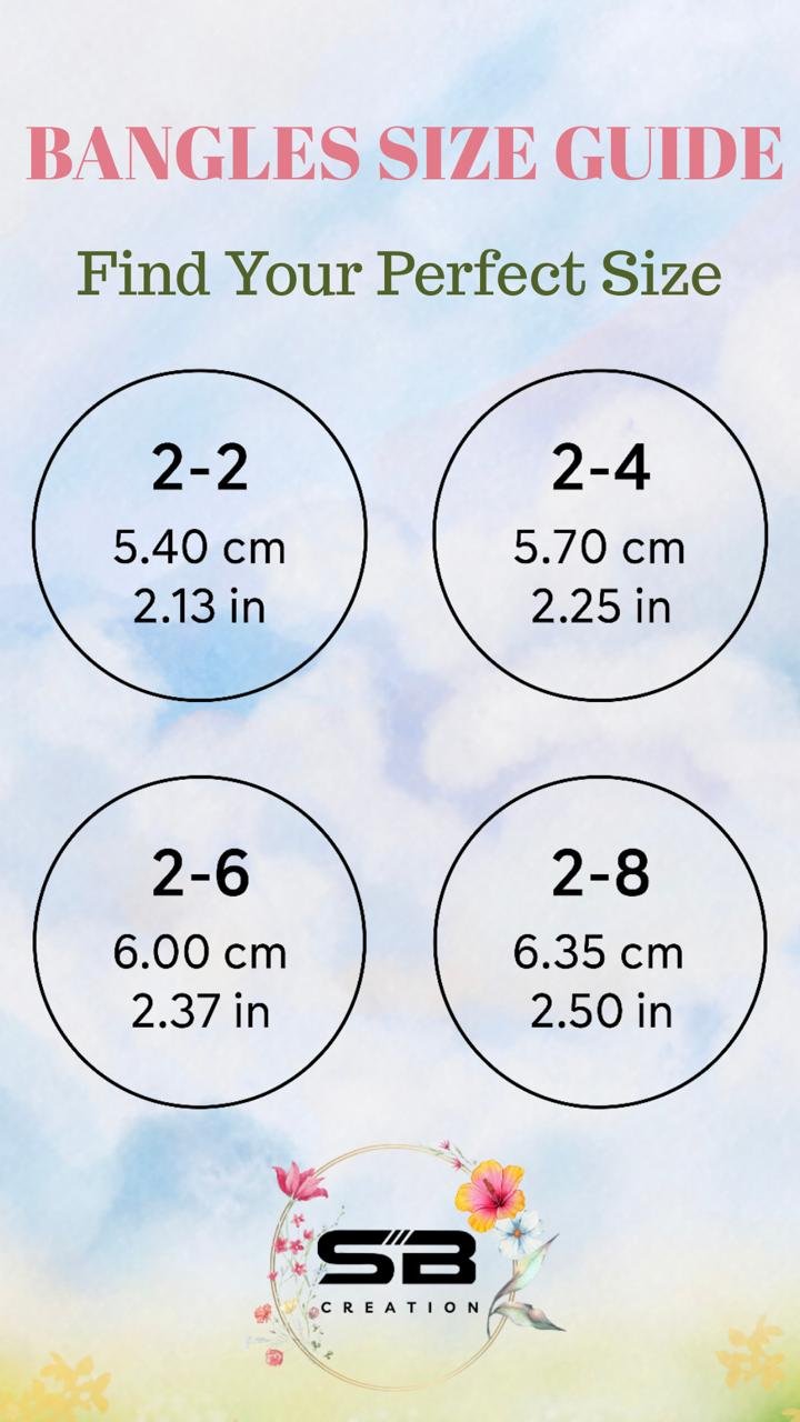 SB Creation bangle size chart: 2-2 5.40cm, 2-4 5.70cm, 2-6 6.00cm, 2-8 6.35cm